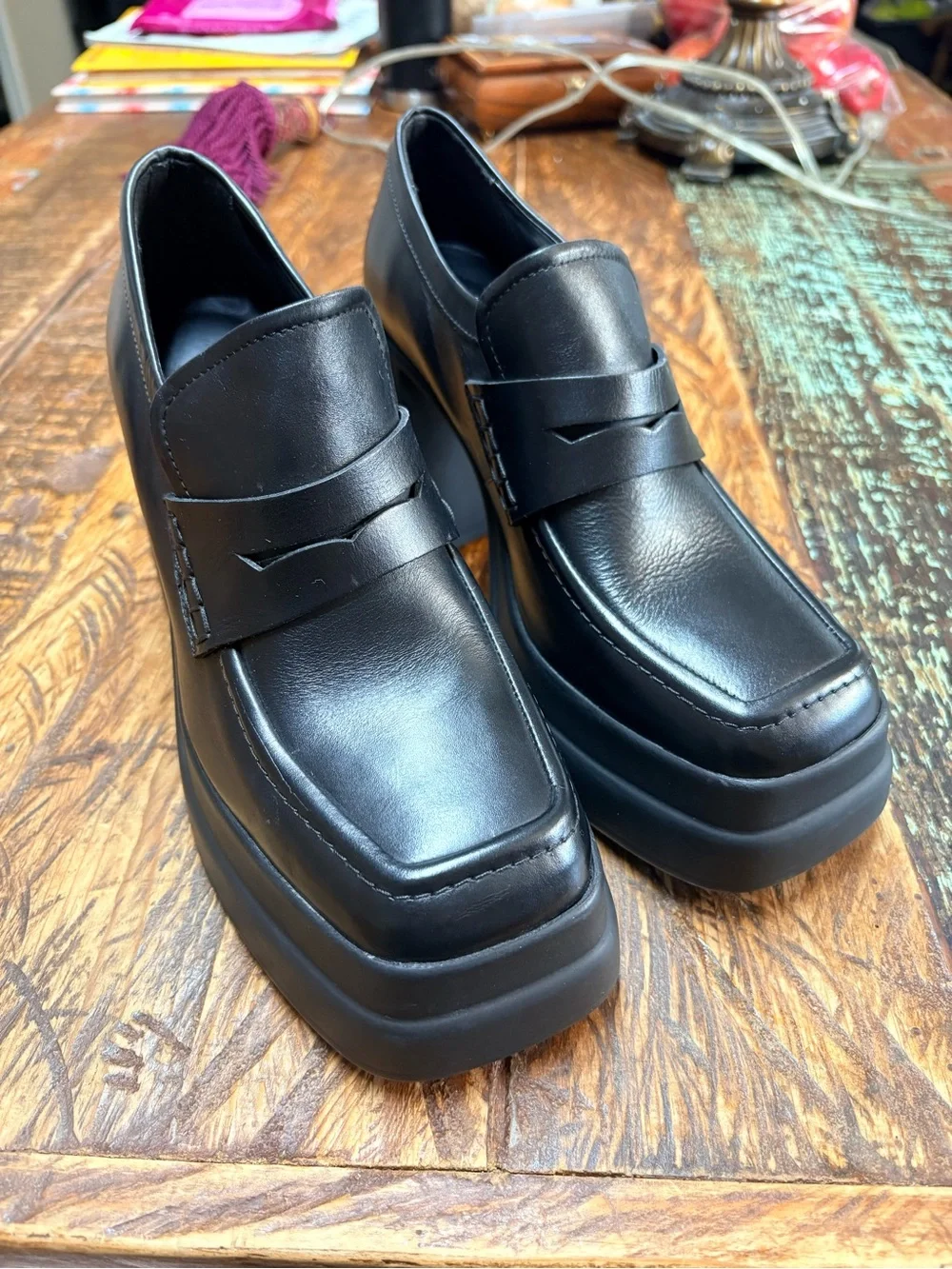 Steve Madden Perry Black Platform Loafers Chunky Heel Penny Slip On Shoes